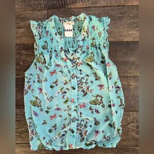 #444 Love, Fire Aqua Butterfly Print Blouse